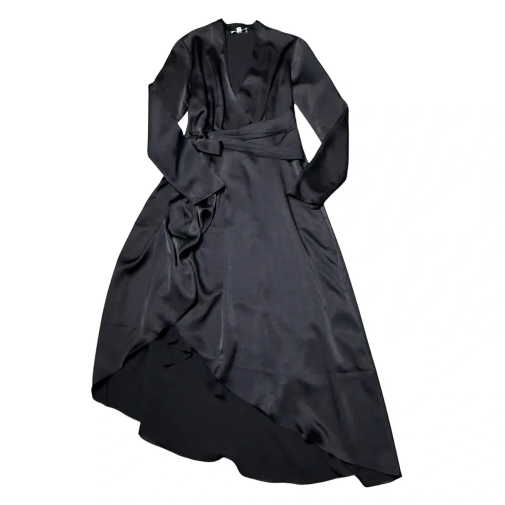 Equipment NWT Adisa Womens Satin V-Neck Wrap Dress Black Asymmetrical Hem Size 2 - Picture 4 of 10